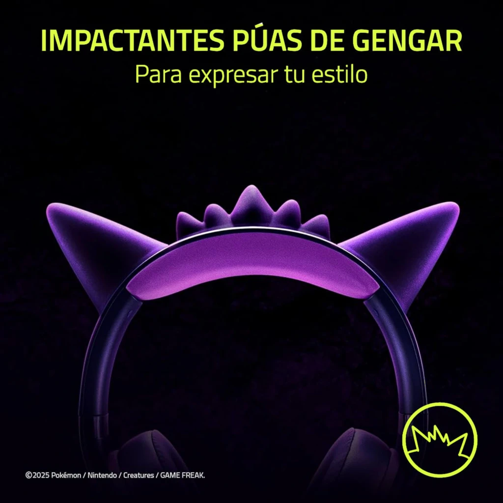 Razer Kraken Kitty V2 Pokémon Gengar Edition Morado, vista frontal 3/4: orejas de gato, logo Gengar en almohadilla roja y - Ítem6