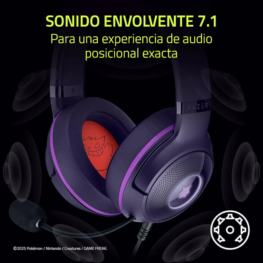 Razer Kraken Kitty V2 Pokémon Gengar Edition Morado, vista frontal 3/4: orejas de gato, logo Gengar en almohadilla roja y - Ítem9