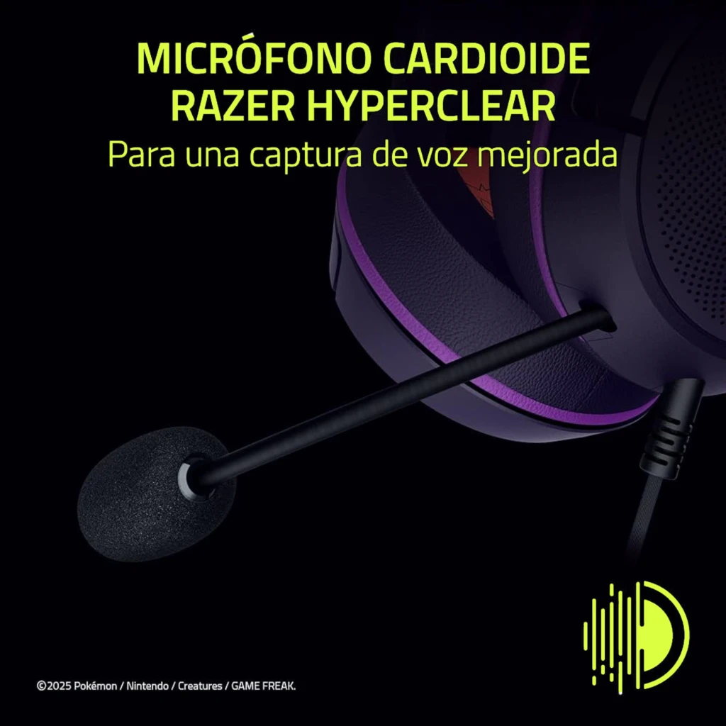 Razer Kraken Kitty V2 Pokémon Gengar Edition Morado, vista frontal 3/4: orejas de gato, logo Gengar en almohadilla roja y - Ítem10