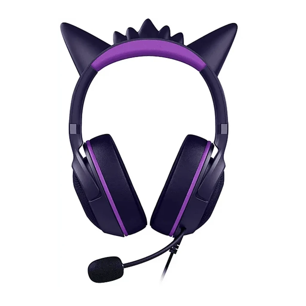 Razer Kraken Kitty V2 Pokémon Gengar Edition Morado, vista frontal 3/4: orejas de gato, logo Gengar en almohadilla roja y - Ítem1