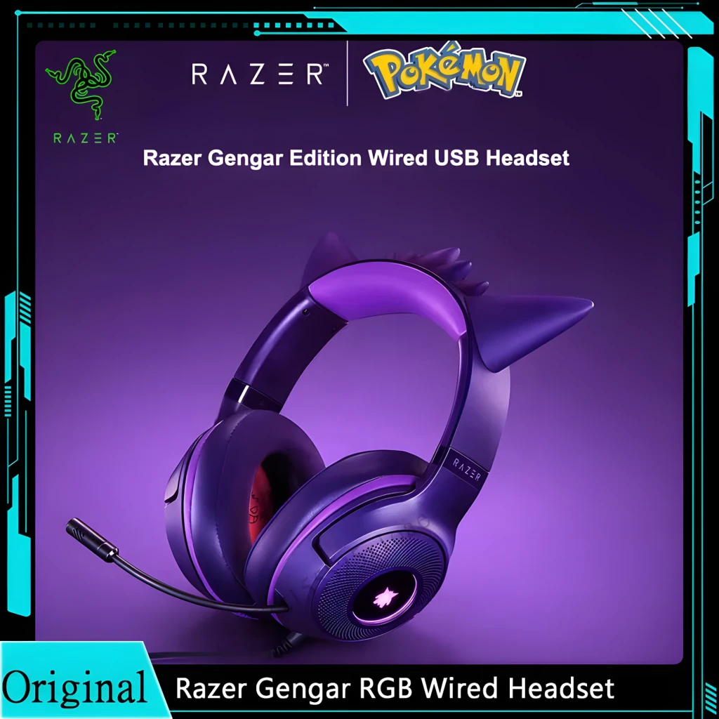 Razer Kraken Kitty V2 Pokémon Gengar Edition Morado, vista frontal 3/4: orejas de gato, logo Gengar en almohadilla roja y - Ítem2