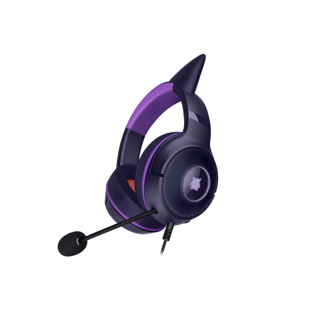 Razer Kraken Kitty V2 Pokémon Gengar Edition Morado, vista frontal 3/4: orejas de gato, logo Gengar en almohadilla roja y - Ítem3