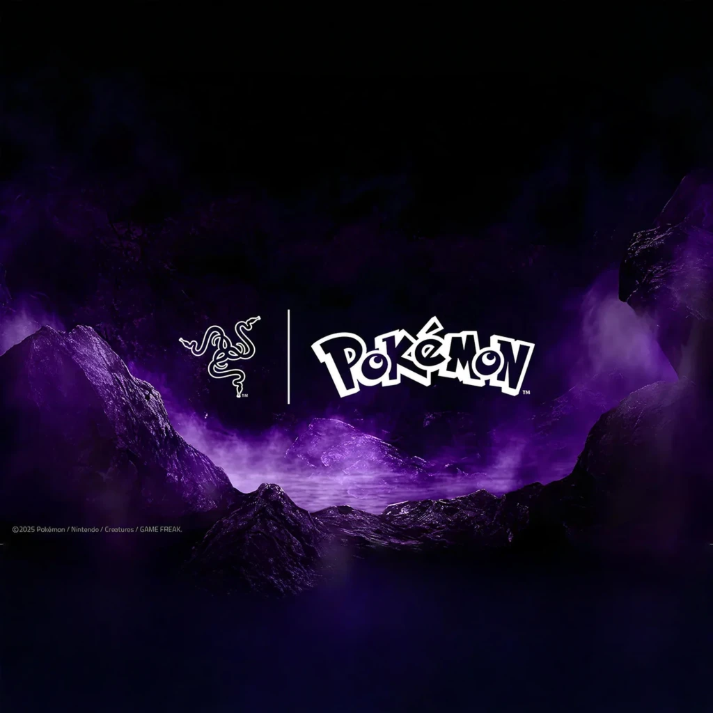 Razer Kraken Kitty V2 Pokémon Gengar Edition Morado, vista frontal 3/4: orejas de gato, logo Gengar en almohadilla roja y - Ítem7
