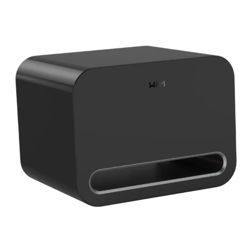 WiiM Sub Pro noir, vue de face: corps cubique aux coins arrondis, logo WiiM et fente ovale inférieure - Ítem1