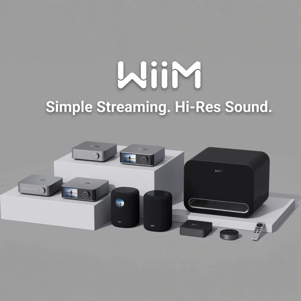 WiiM Sub Pro noir, vue de face: corps cubique aux coins arrondis, logo WiiM et fente ovale inférieure - Ítem4