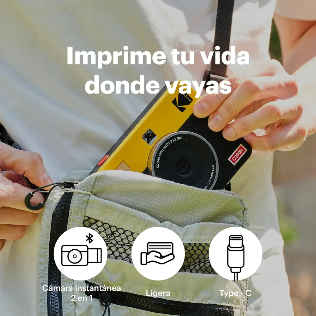 Kodak Cámara instantánea Mini Shot 3 Retro Amarillo, vista frontal: cuerpo amarillo y negro con objetivo circular y foto - Ítem8