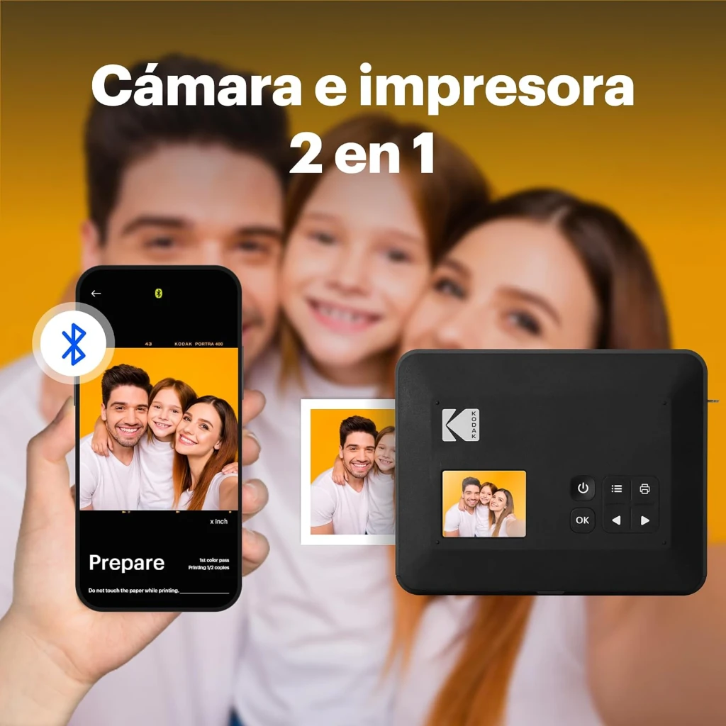 Kodak Cámara instantánea Mini Shot 3 Retro Amarillo, vista frontal: cuerpo amarillo y negro con objetivo circular y foto - Ítem1