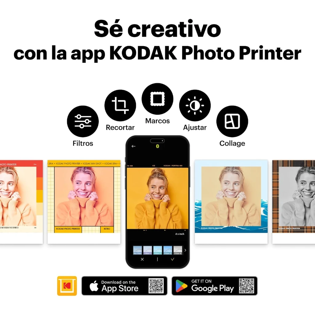 Kodak Cámara instantánea Mini Shot 3 Retro Amarillo, vista frontal: cuerpo amarillo y negro con objetivo circular y foto - Ítem4