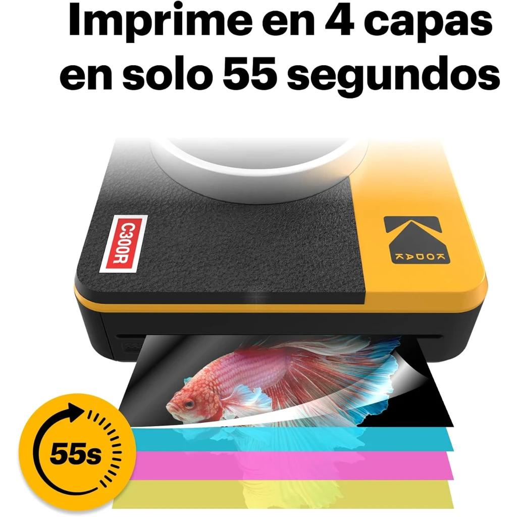 Kodak Cámara instantánea Mini Shot 3 Retro Amarillo, vista frontal: cuerpo amarillo y negro con objetivo circular y foto - Ítem6
