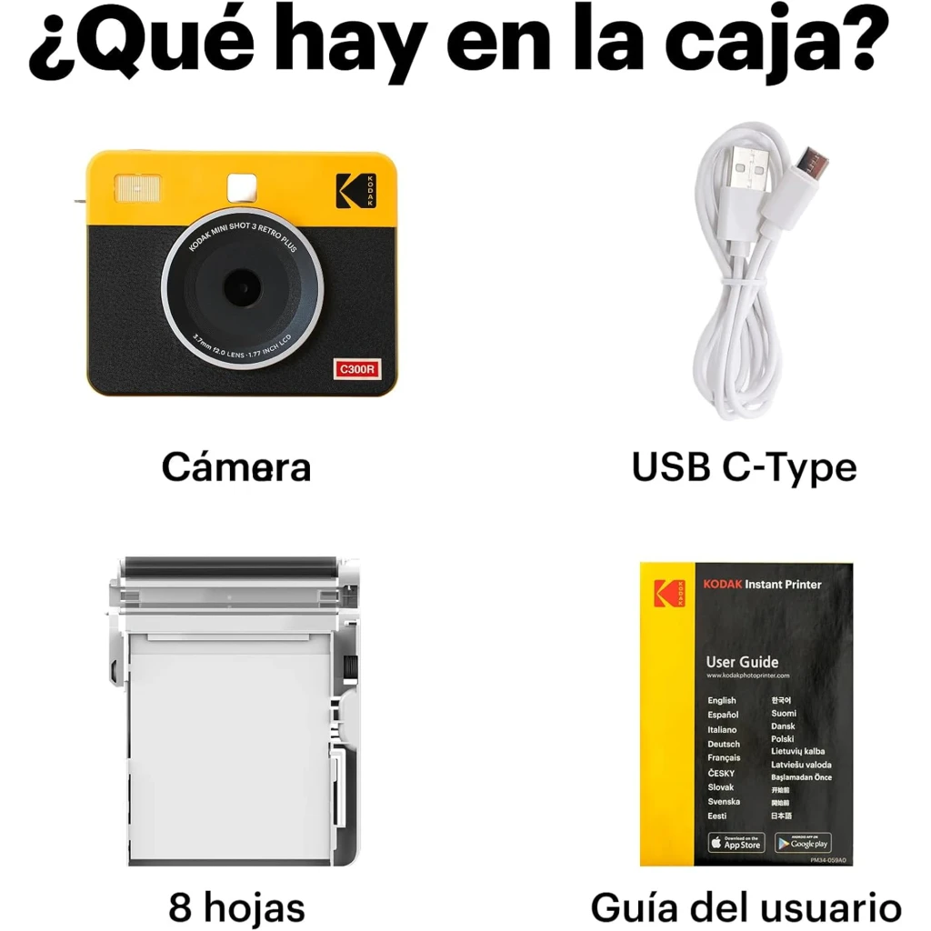 Kodak Cámara instantánea Mini Shot 3 Retro Amarillo, vista frontal: cuerpo amarillo y negro con objetivo circular y foto - Ítem9