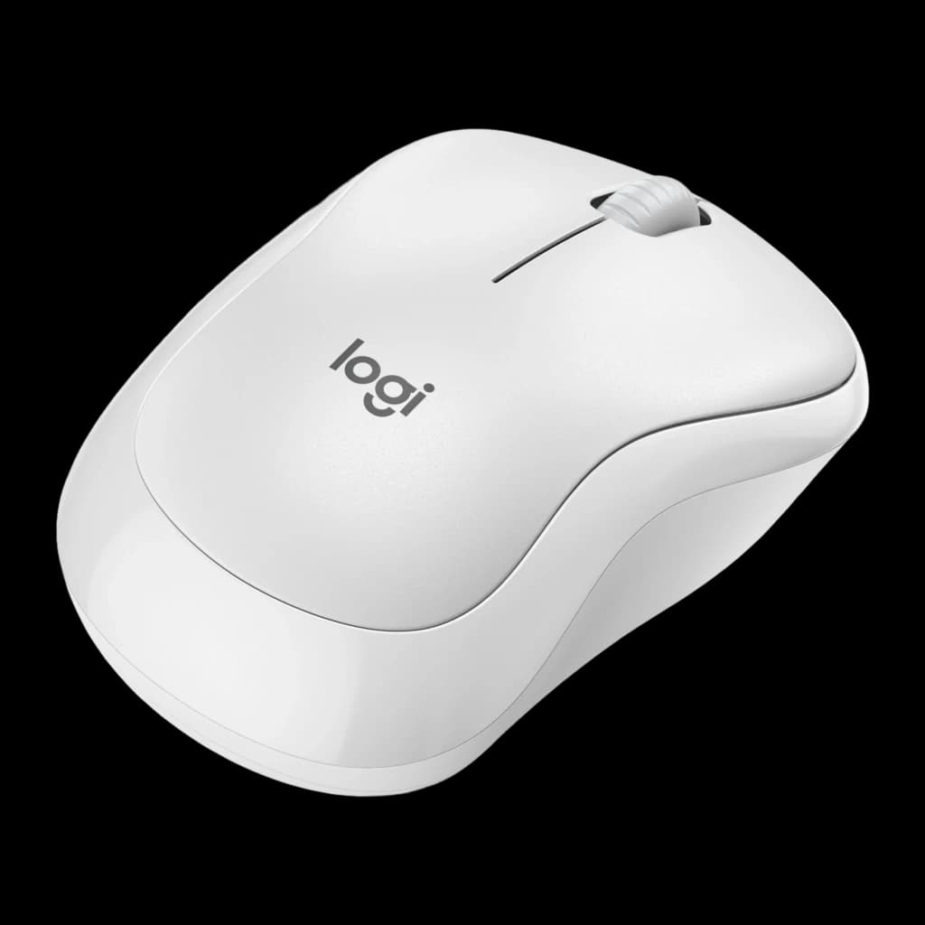 Logitech Rato M240 Silent Bluetooth branco, vista superior: corpo arredondado, roda de scroll e logótipo logi