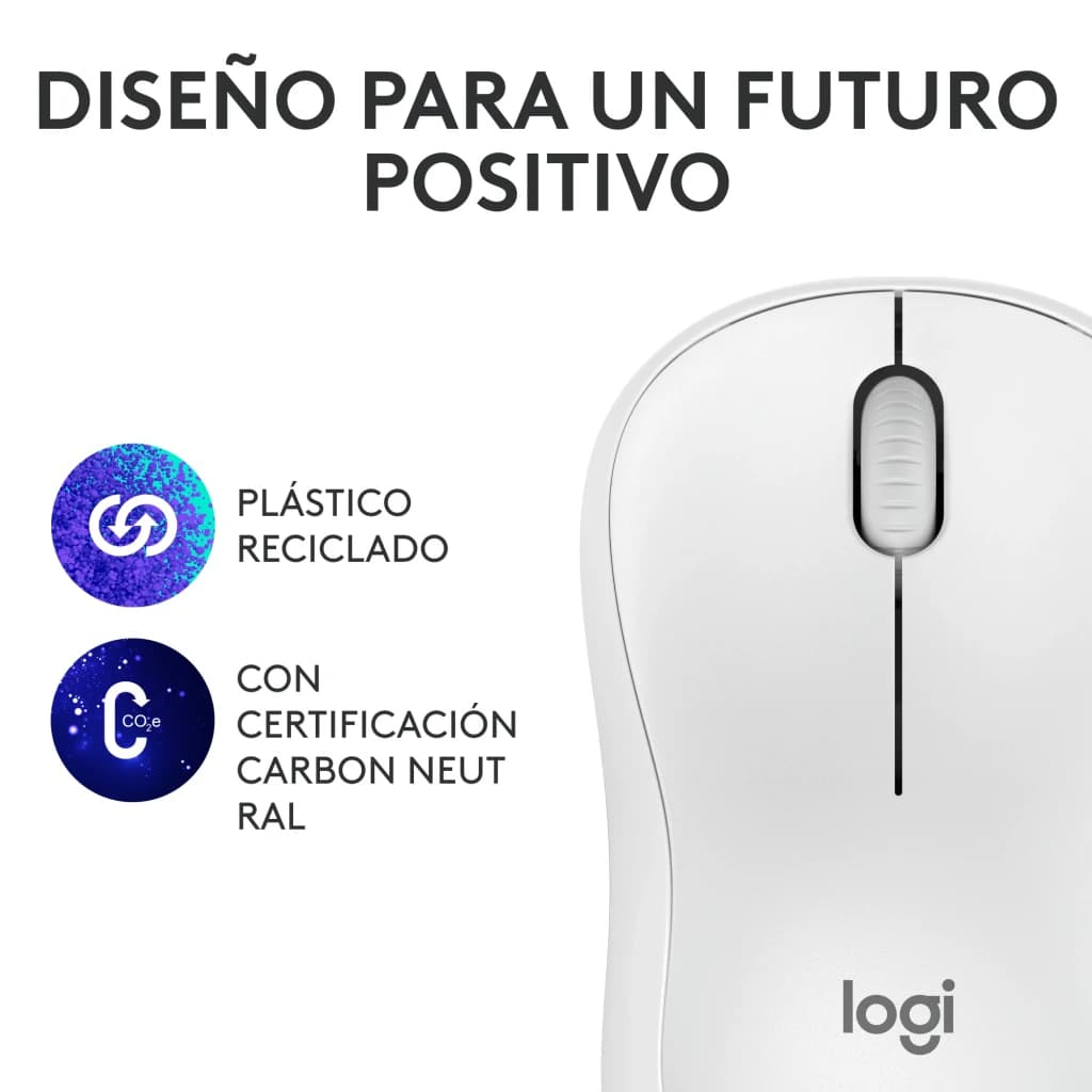 Logitech Rato M240 Silent Bluetooth Branco, detalhe superior: roda e botões com ícones de plástico reciclado e certificação