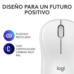 Logitech Rato M240 Silent Bluetooth Branco, detalhe superior: roda e botões com ícones de plástico reciclado e certificação
