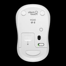 Logitech Rato M240 Silent Bluetooth branco, vista inferior: etiqueta M240, sensor óptico, interruptor on/off e ícones