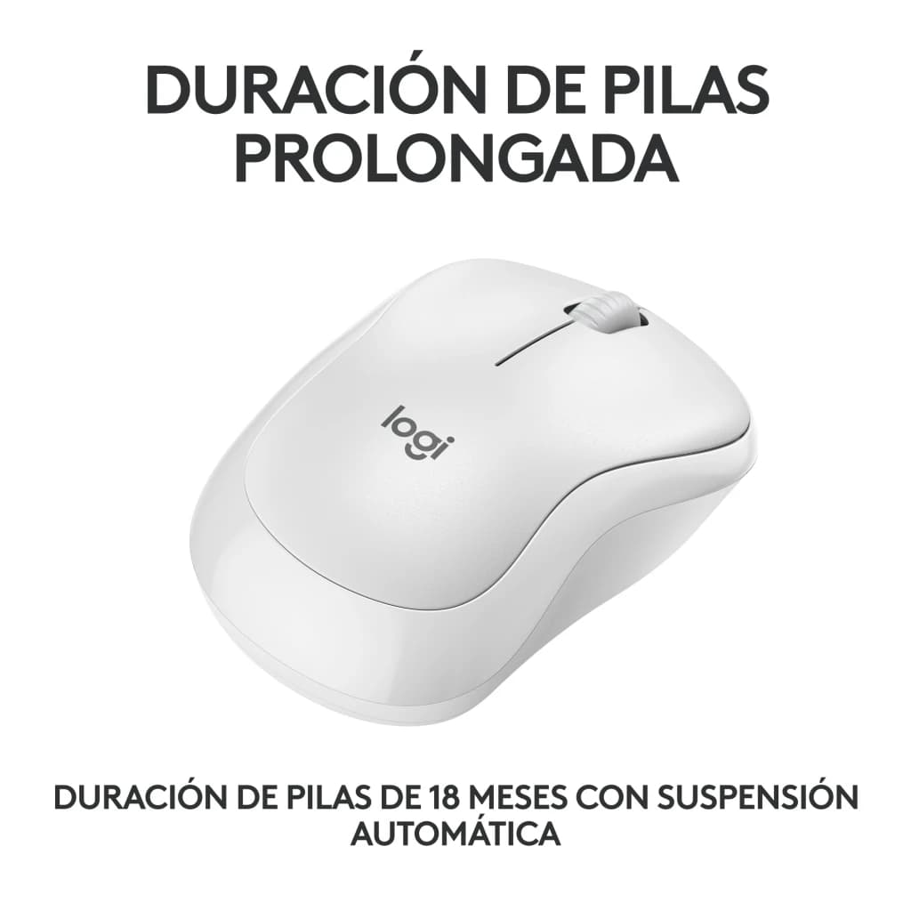 Logitech Rato M240 Silent Bluetooth Branco, vista superior: rato em perspetiva com texto duração de pilhas 18 meses