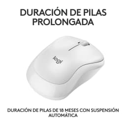 Logitech Rato M240 Silent Bluetooth Branco, vista superior: rato em perspetiva com texto duração de pilhas 18 meses