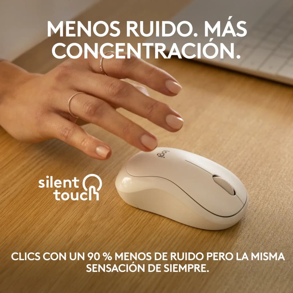 Logitech Rato M240 Silent Bluetooth Branco, lifestyle: mão sobre rato em secretária de madeira, tecnologia Silent Touch