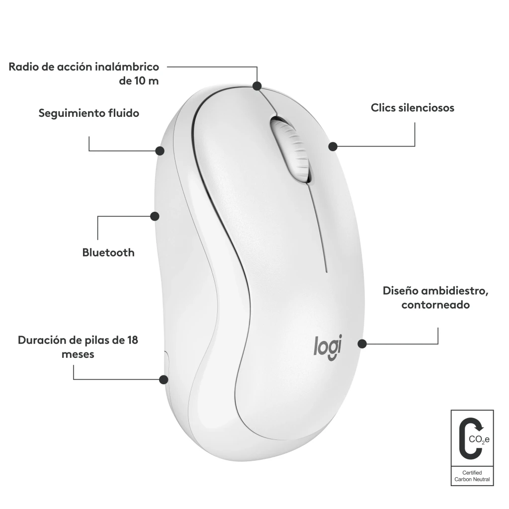 Logitech Ratón M240 Silent Bluetooth Blanco, vista superior: rueda de scroll gris y logo logi visibles - Ítem10