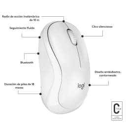 Logitech Rato M240 Silent Bluetooth Branco, vista superior com infografia: design ambidestro, roda e logótipo logi visíveis