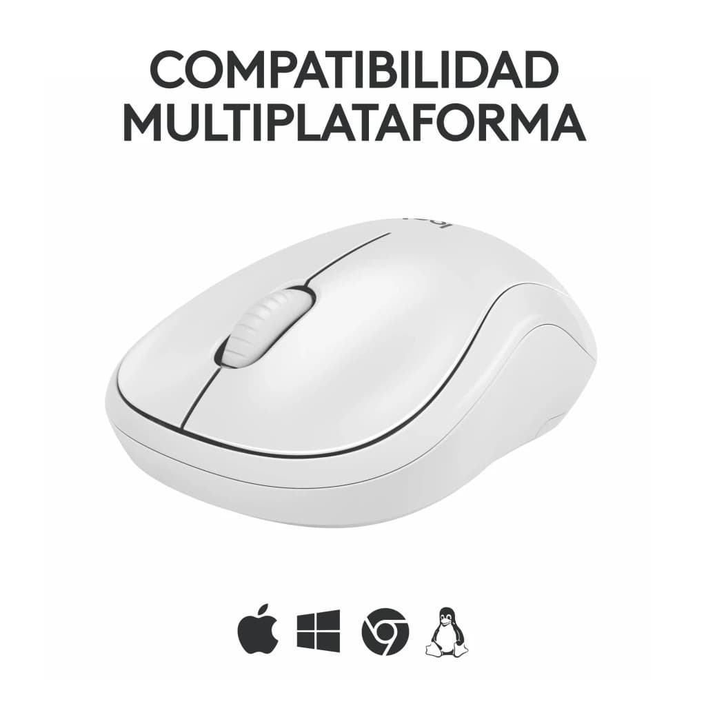Logitech Rato M240 Silent Bluetooth Branco, vista lateral: compatibilidade multiplataforma com ícones macOS, Windows,