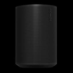 Sonos Era 100 SL noir, vue de face: grille perforée noire et logo Sonos dans le coin supérieur droit