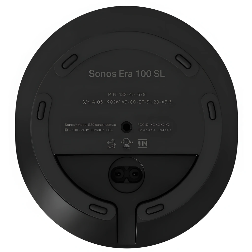 Sonos Era 100 SL noir, vue inférieure: base circulaire noire avec étiquette, connecteur d'alimentation et fentes de