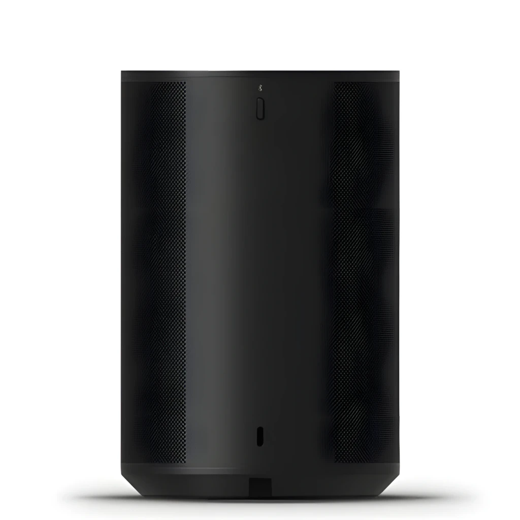 Sonos Era 100 SL noir, vue de face: corps cylindrique avec grille latérale et panneau central lisse