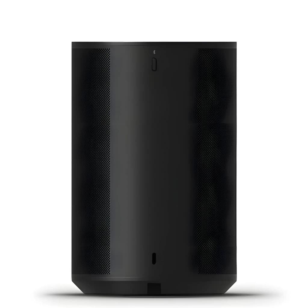 Sonos Era 100 SL preto, vista frontal: corpo cilíndrico com grade lateral e painel central liso