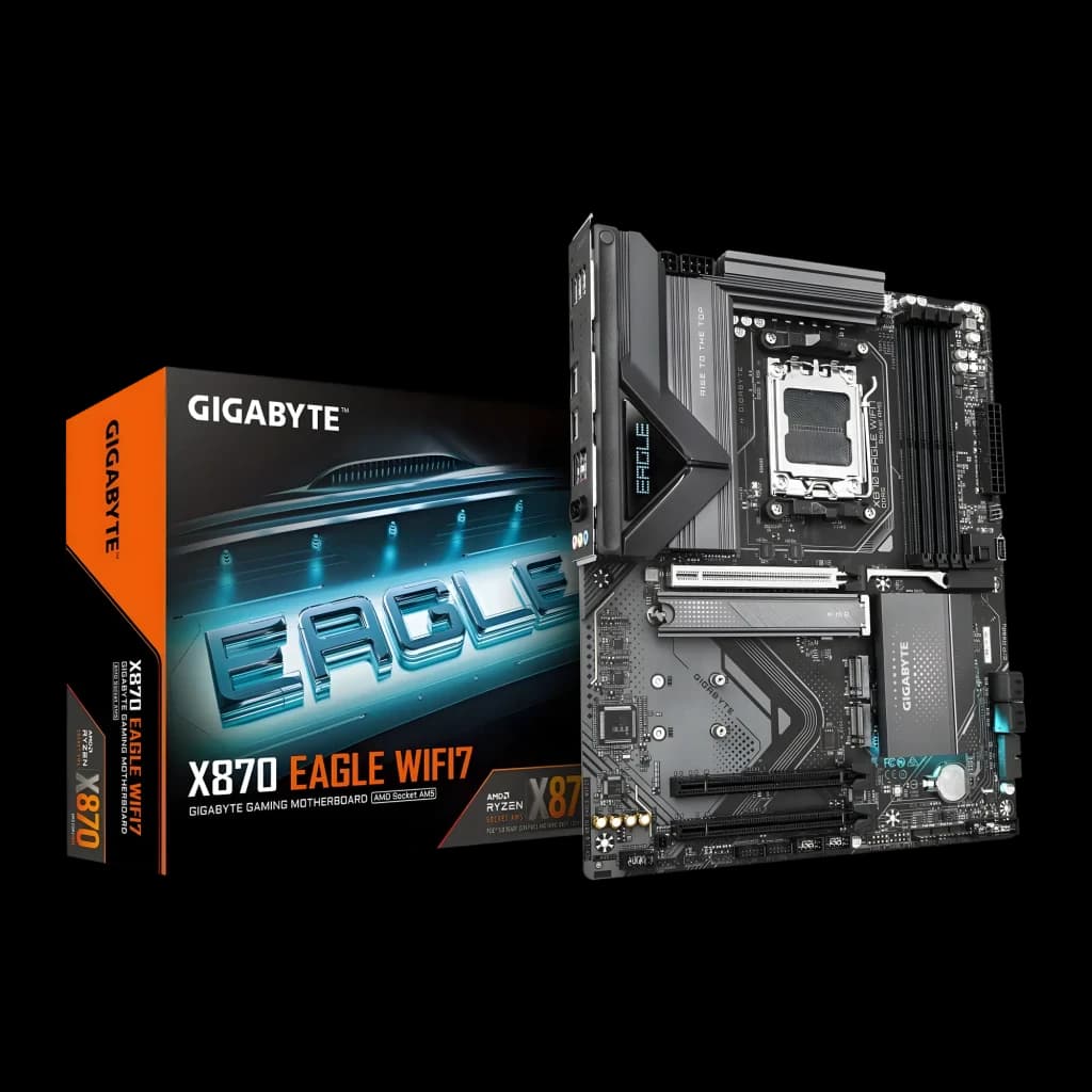 Gigabyte Placa-mãe X870 EAGLE WIFI7 Preto, vista frontal com caixa: placa ATX preta ao lado da embalagem laranja e preta
