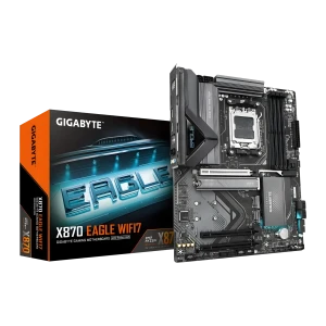 Gigabyte Placa-mãe X870 EAGLE WIFI7 Preto, vista frontal com caixa: placa ATX preta ao lado da embalagem laranja e preta