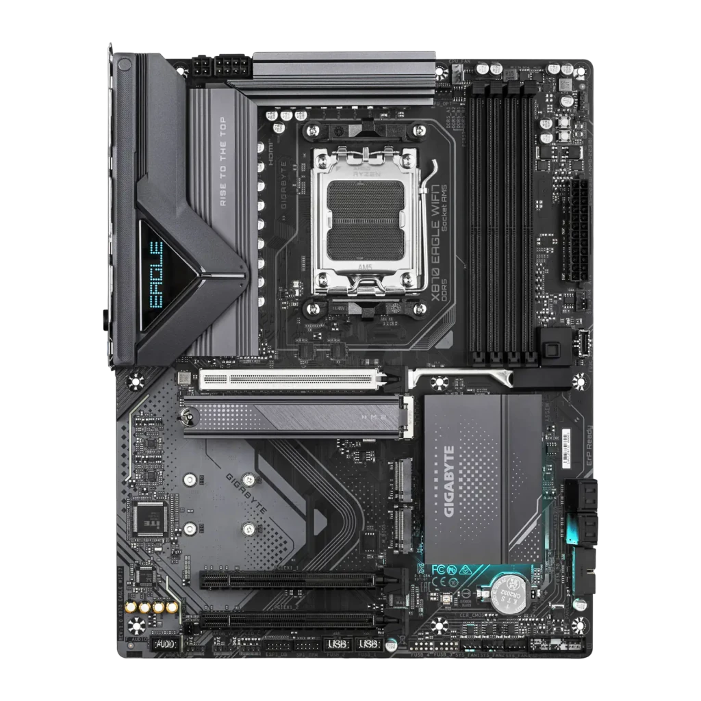 Gigabyte Placa-mãe X870 EAGLE WIFI7 Preto, vista frontal com caixa: placa ATX preta ao lado da embalagem laranja e preta - Item1