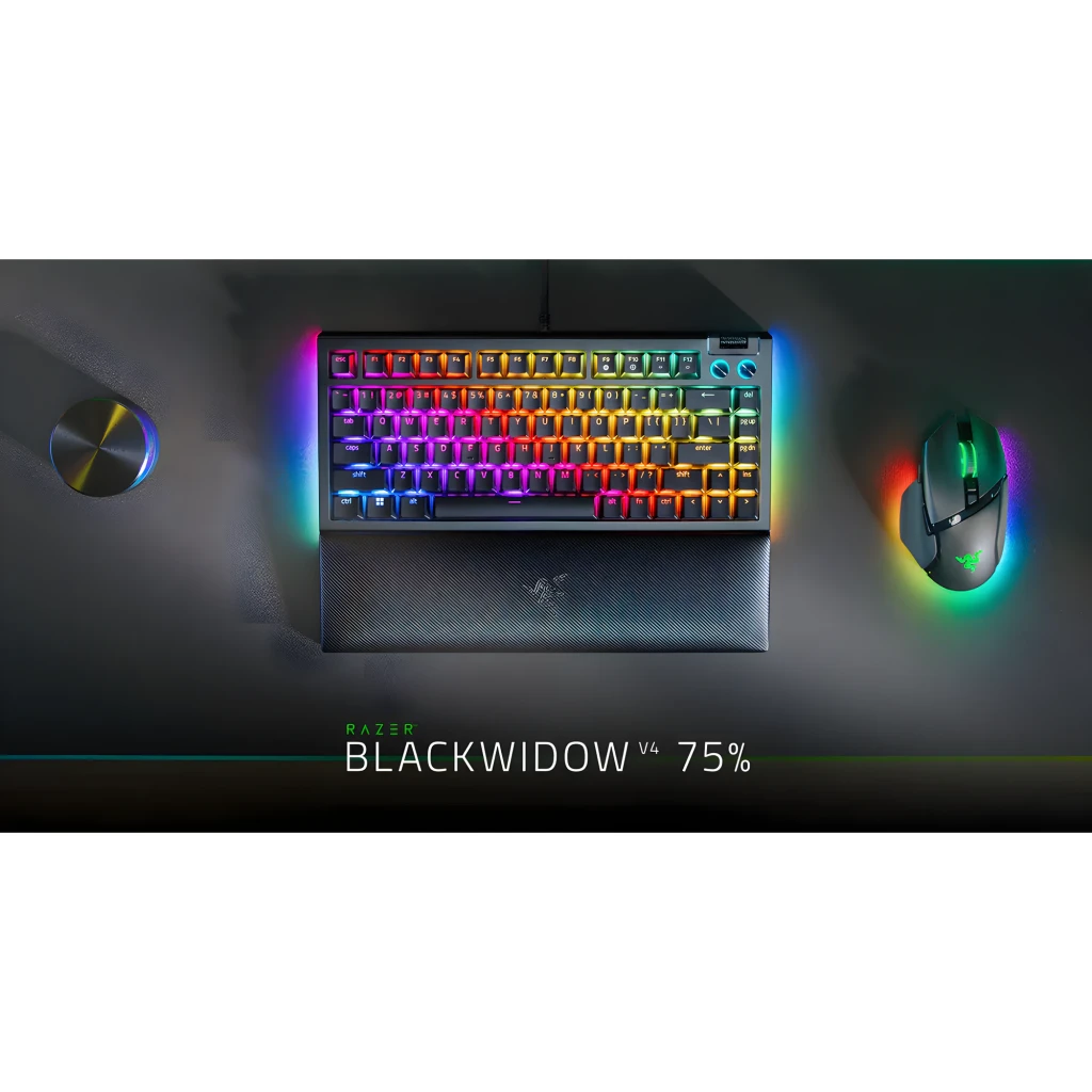 Razer BlackWidow V4 Pro Green Switch negro, vista cenital en ángulo: reposamuñecas en primer plano, teclado numérico y RGB - Ítem5