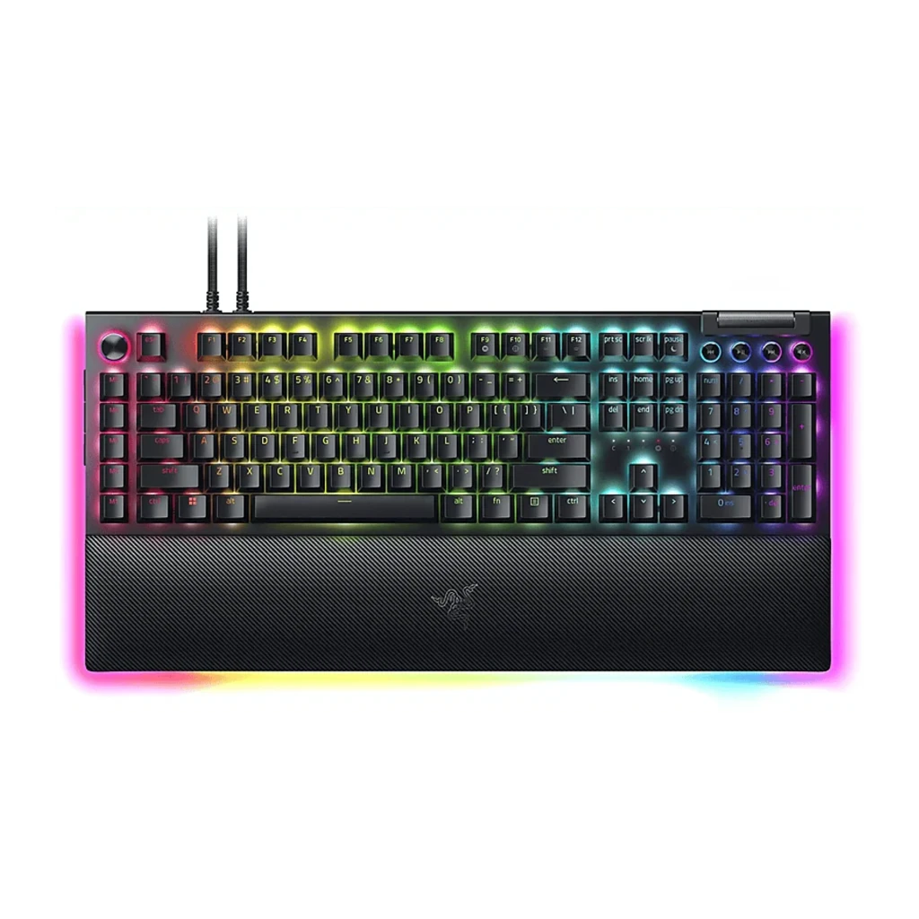 Razer BlackWidow V4 Pro Green Switch negro, vista cenital en ángulo: reposamuñecas en primer plano, teclado numérico y RGB - Ítem1