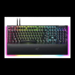 Razer BlackWidow V4 Pro Green Switch negro, vista frontal: teclado mecánico con iluminación RGB multicolor y reposamuñecas