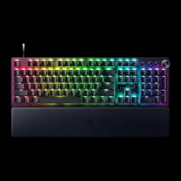 Razer Huntsman V3 Pro Negro, vista superior: teclado completo con iluminación RGB multicolor y reposamuñecas de cuero