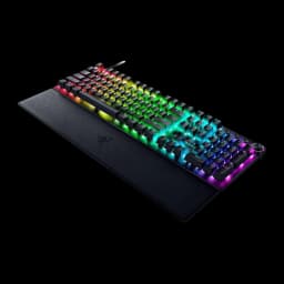 Razer Huntsman V3 Pro Negro, perspectiva lateral derecha: dial de control, RGB multicolor y reposamuñecas en primer plano