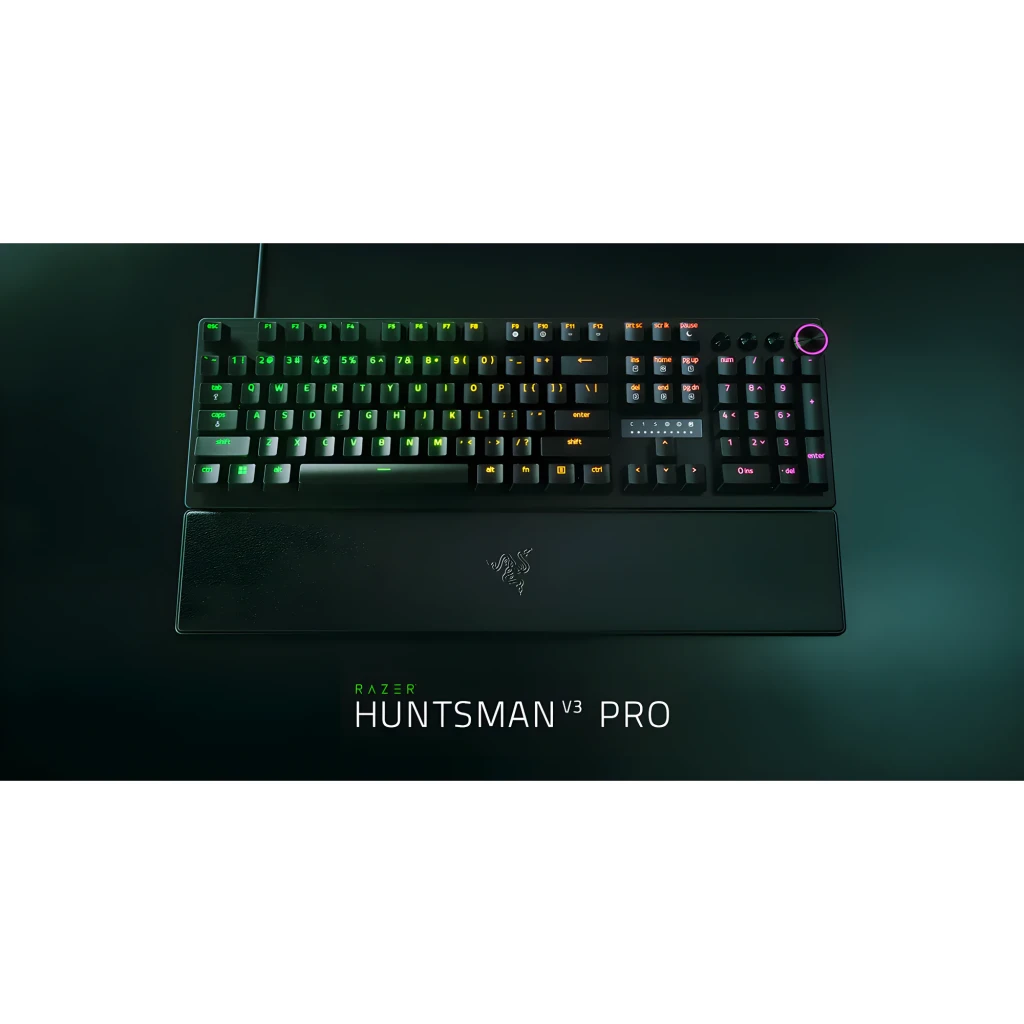 Razer Huntsman V3 Pro Negro, vista superior: teclado completo con iluminación RGB multicolor y reposamuñecas de cuero - Ítem3