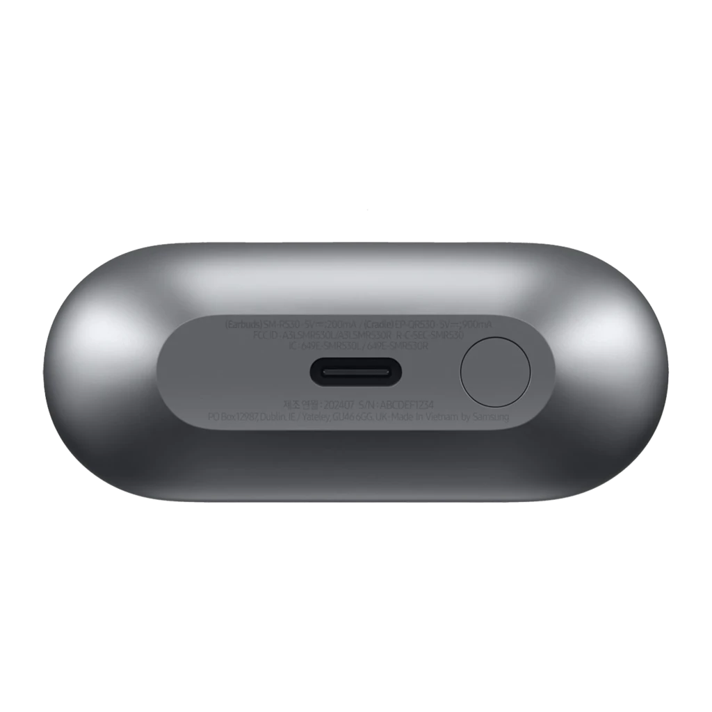 Samsung Galaxy Buds3 Graphite gris, vue avant: étui ouvert avec les deux écouteurs et logo Samsung - Ítem1