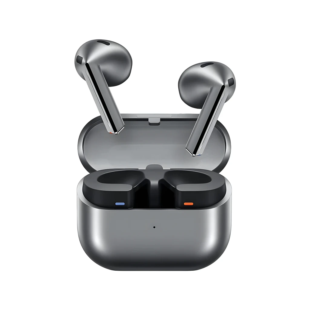 Samsung Galaxy Buds3 Graphite gris, vue avant: étui ouvert avec les deux écouteurs et logo Samsung - Ítem4