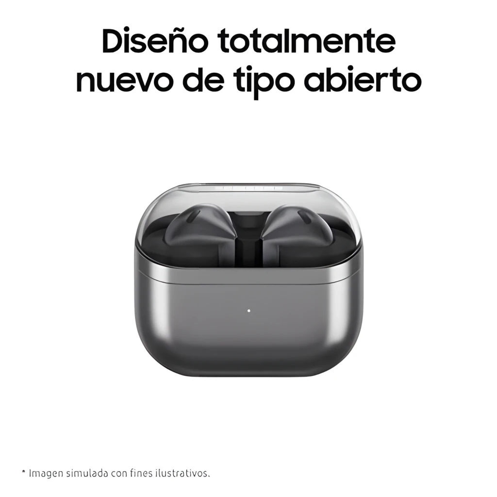Samsung Galaxy Buds3 Graphite gris, vue avant: étui ouvert avec les deux écouteurs et logo Samsung - Ítem5