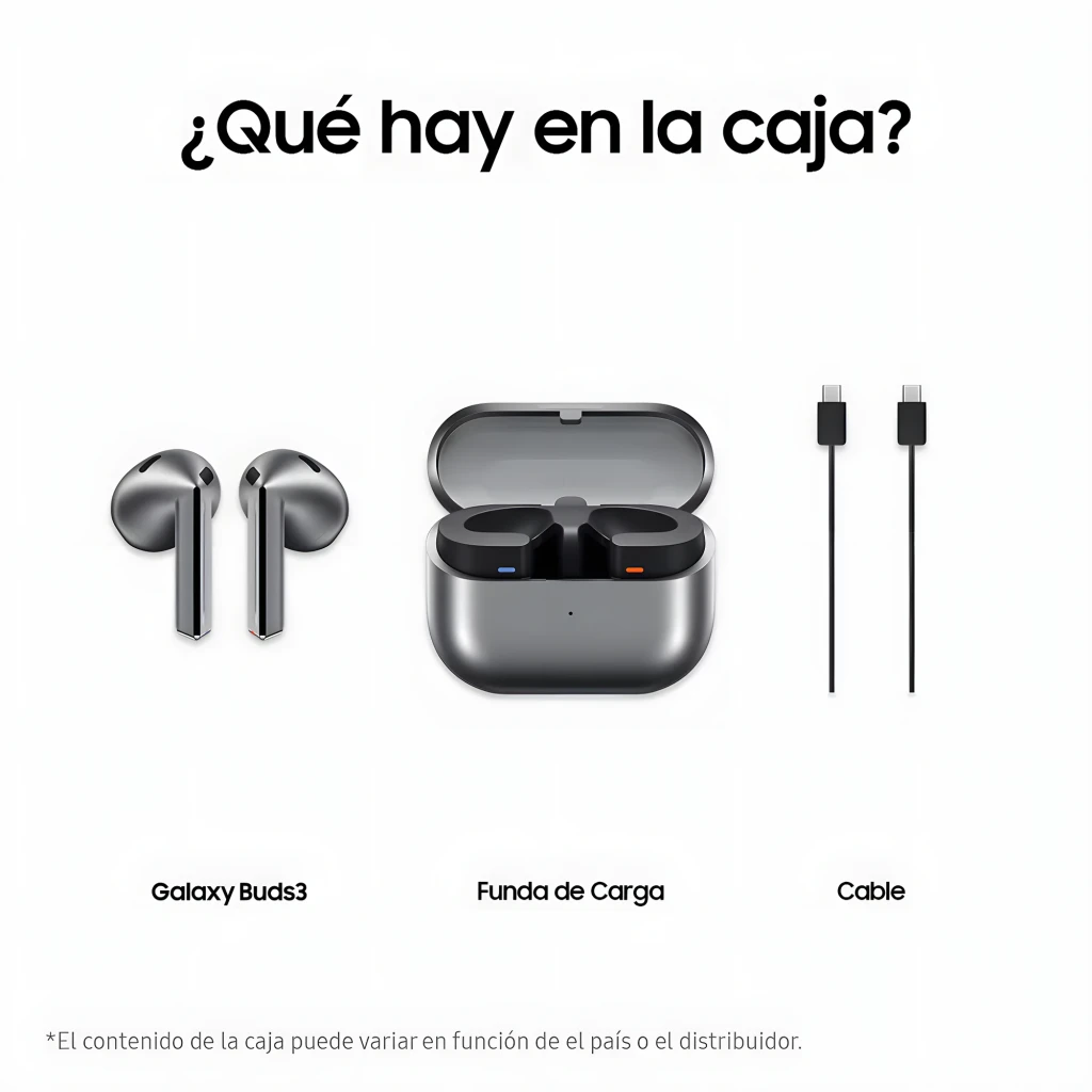Samsung Galaxy Buds3 Graphite gris, vue avant: étui ouvert avec les deux écouteurs et logo Samsung - Ítem8