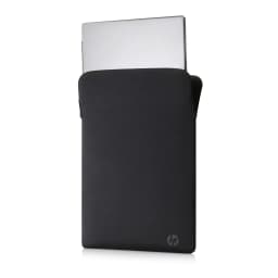 HP Housse Protective Reversible 15,6 pouces Mauve, côté noir: ordinateur dépassant de l'ouverture supérieure, logo HP en bas