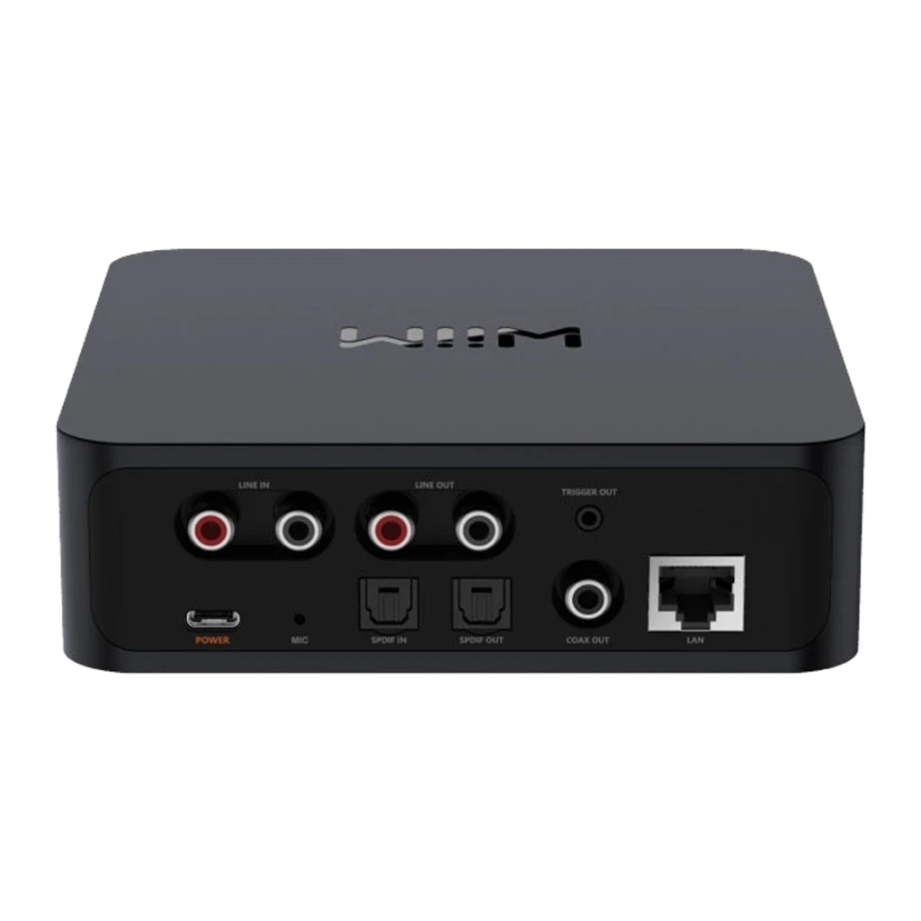 WiiM Pro Plus streaming noir, vue avant-dessus: logo WiiM, boutons tactiles orange et LED bleue centrale - Ítem1