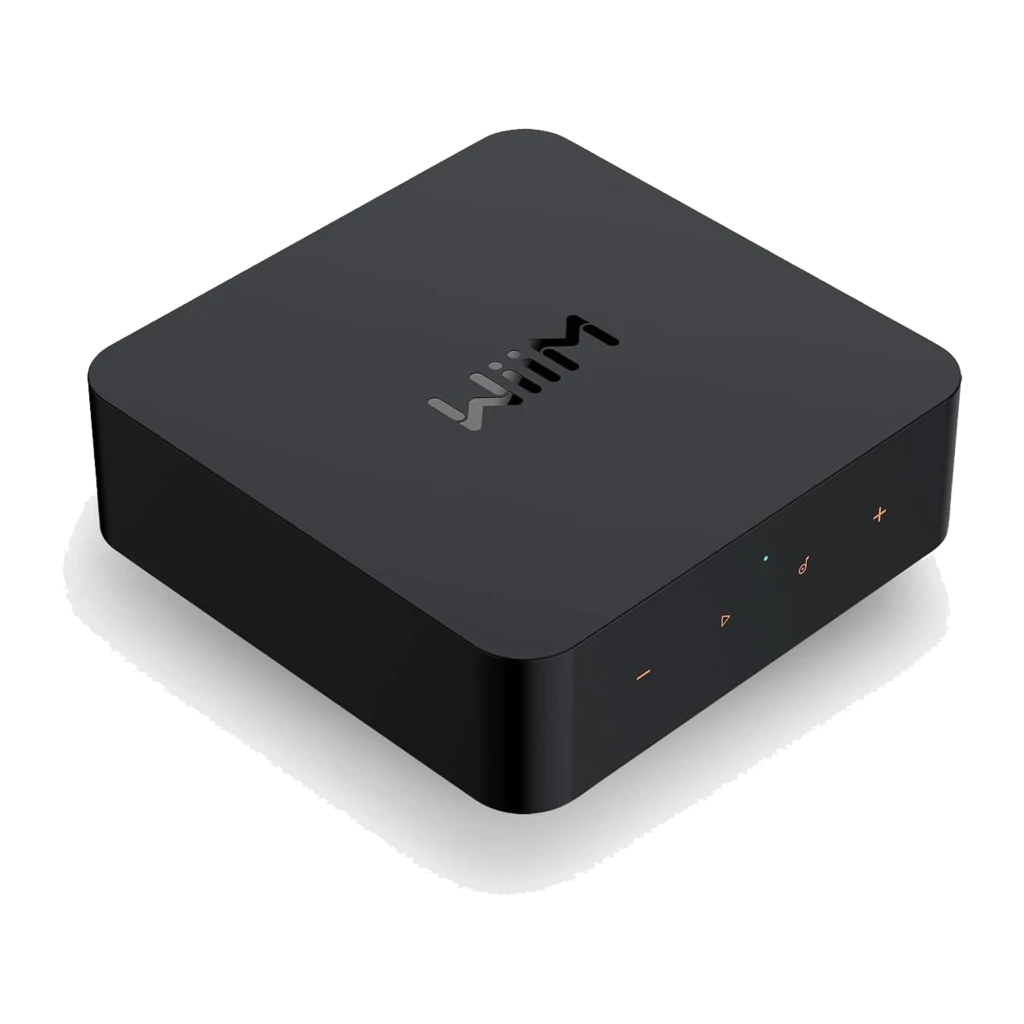 WiiM Pro Plus streaming noir, vue avant-dessus: logo WiiM, boutons tactiles orange et LED bleue centrale - Ítem3