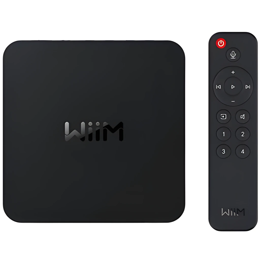 WiiM Pro Plus streaming noir, vue avant-dessus: logo WiiM, boutons tactiles orange et LED bleue centrale - Ítem4