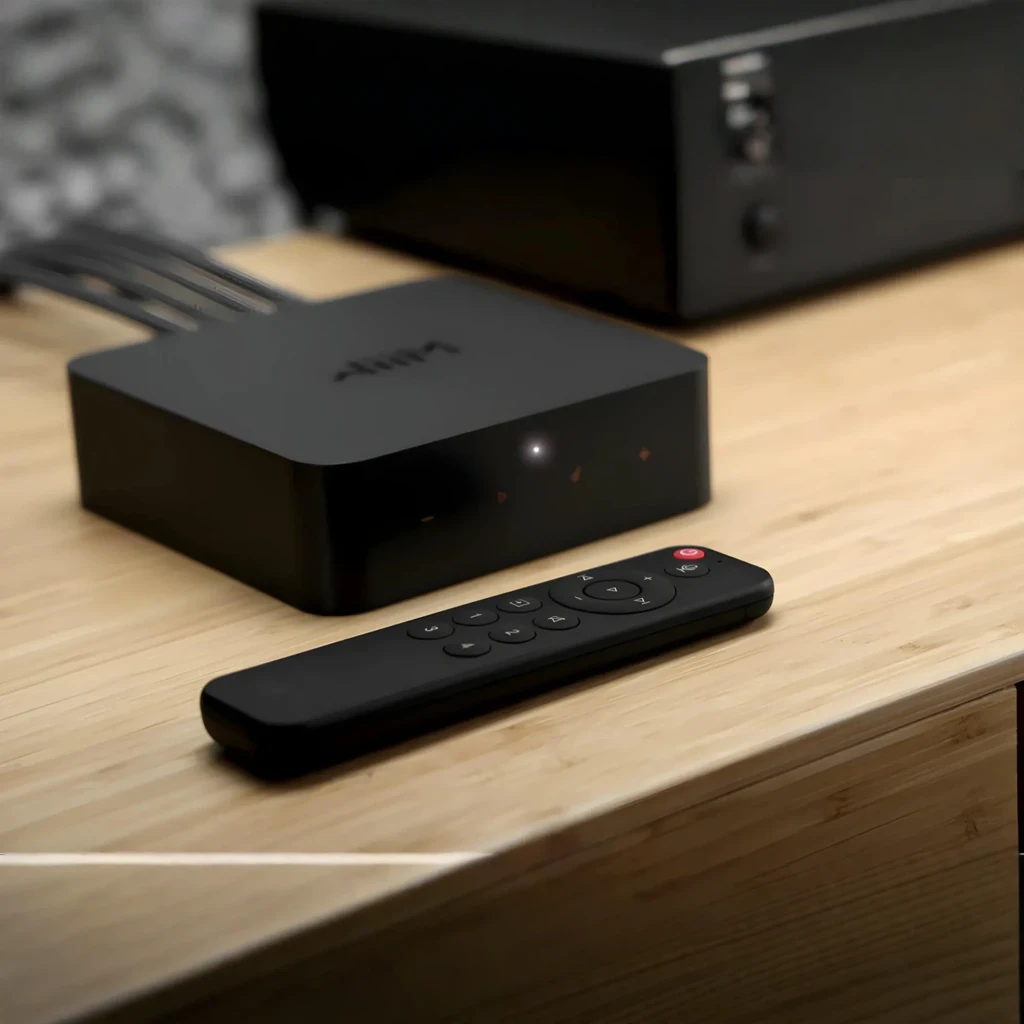 WiiM Pro Plus streaming noir, vue avant-dessus: logo WiiM, boutons tactiles orange et LED bleue centrale - Ítem6