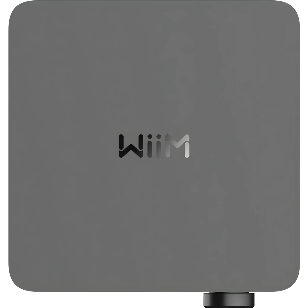 WiiM Amp Ultra 100W noir, vue avant: écran tactile avec pochette d'album et bouton lecture circulaire - Ítem1
