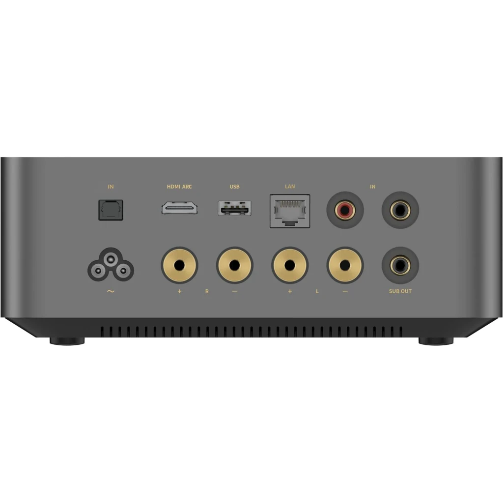 WiiM Amp Ultra 100W noir, vue avant: écran tactile avec pochette d'album et bouton lecture circulaire - Ítem3