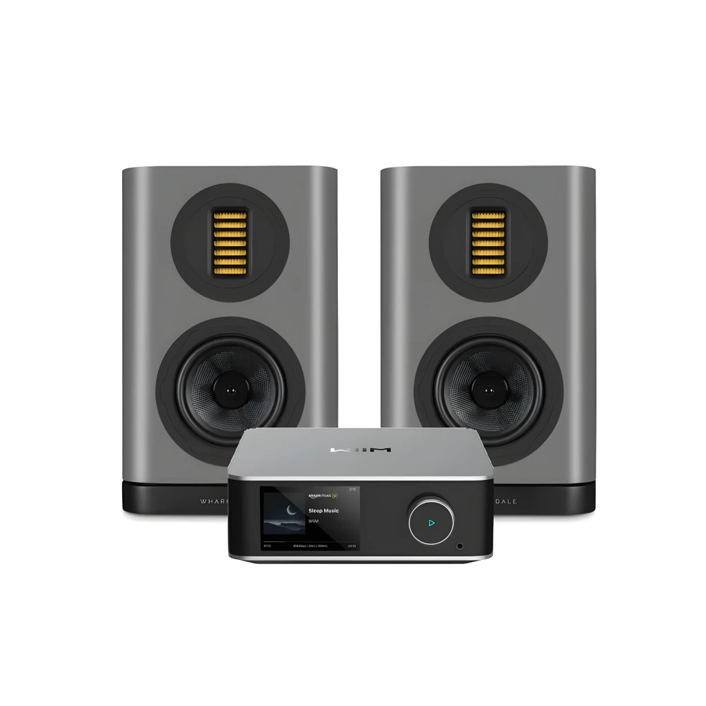 WiiM Amp Ultra 100W noir, vue avant: écran tactile avec pochette d'album et bouton lecture circulaire - Ítem4