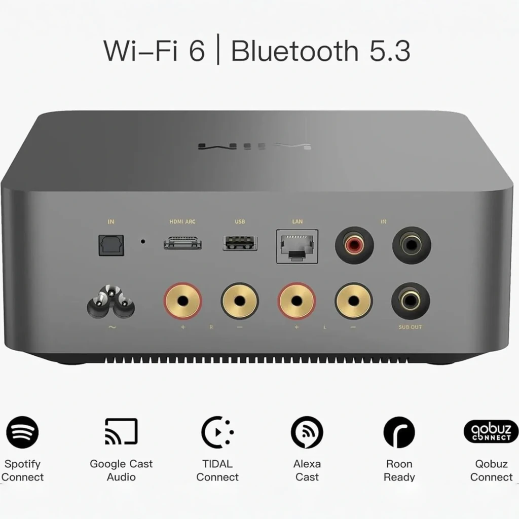 WiiM Amp Ultra 100W noir, vue avant: écran tactile avec pochette d'album et bouton lecture circulaire - Ítem6